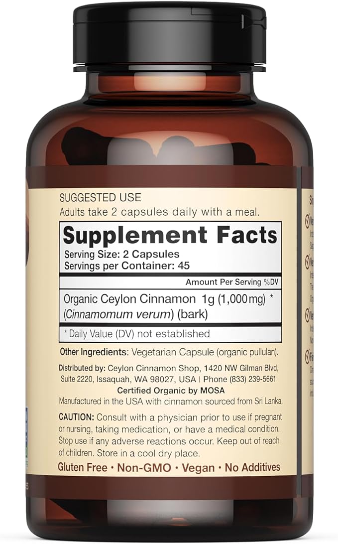 Organic Ceylon Cinnamon (100% Certified) Supplement, 90 Capsules
