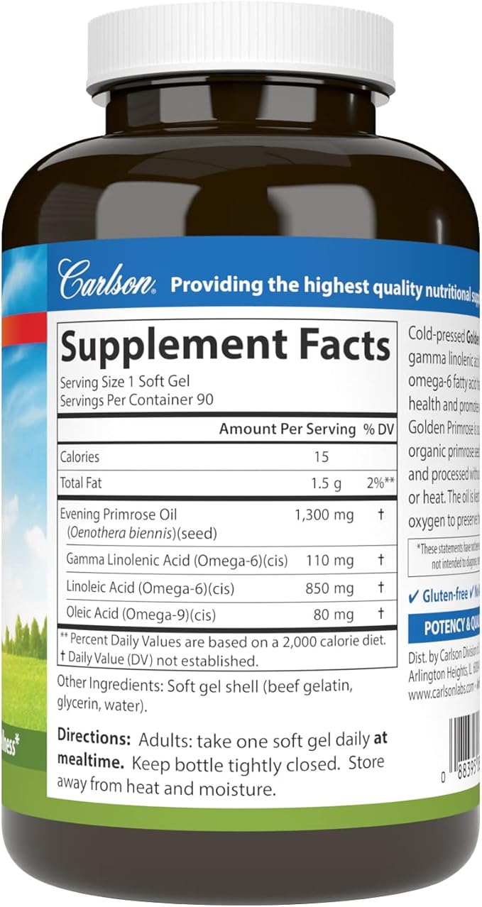 Carlson - Golden Primrose, 1300 mg Evening Primrose Oil, Cold-Pressed, Healthy Skin, Women's Health & Optimal Wellness, 90 Softgels