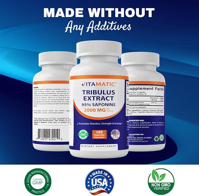 Vitamatic Tribulus Terrestris for Men - 2000 mg per Serving - 95% Saponins - 180 Vegetable Capsules - Made in The USA - Gluten Free & Non-GMO