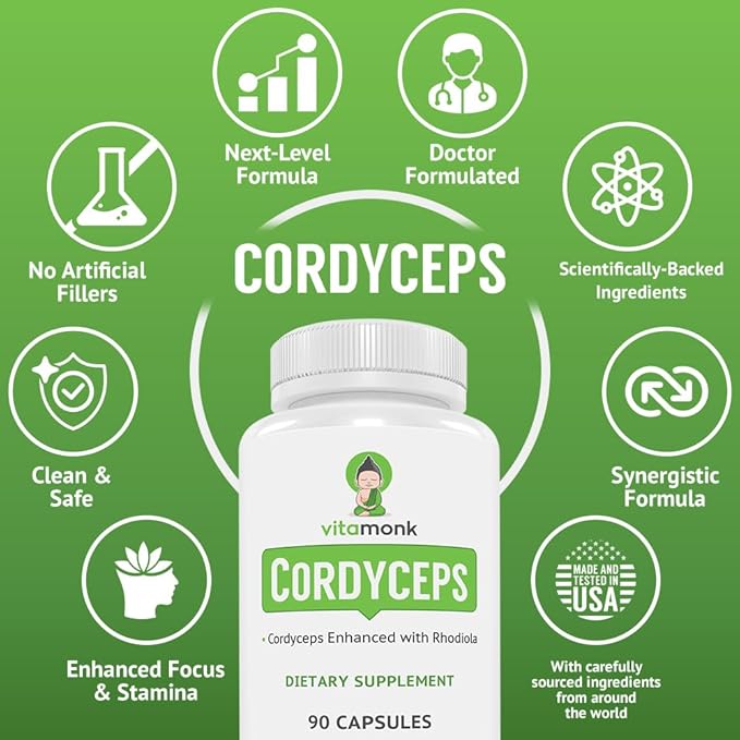 VitaMonk Cordyceps Mushroom Capsules with Rhodiola, 2 Grams of Cordyceps Mushroom Enhanced with Rhodiola - Boost Energy, Fight Stress, Enhance Performance, Non-GMO - 2000mg - 90 Caps