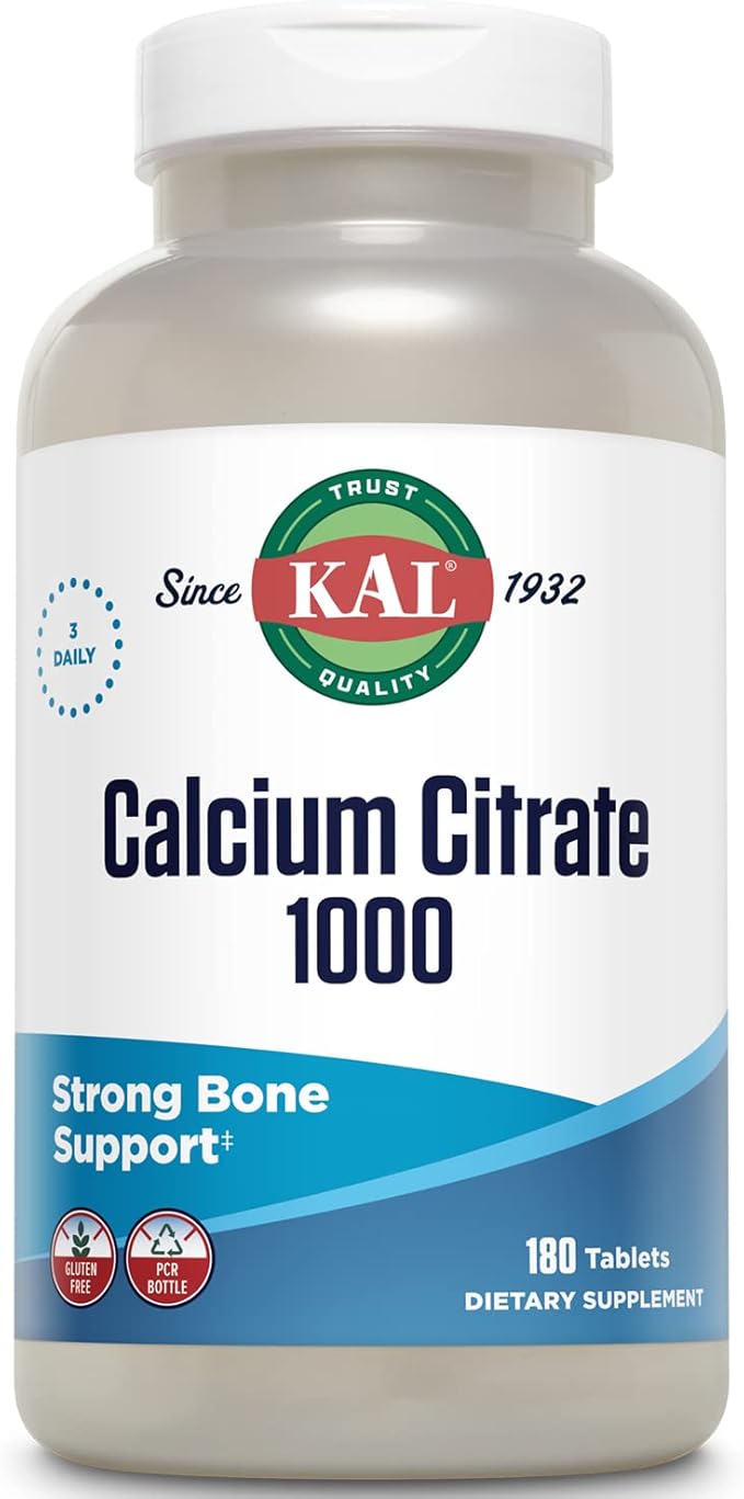KAL Calcium Citrate 1000mg, Calcium Supplements for Women and Men, Bone Health, Teeth, Nervous, Muscular & Cardiovascular System Support, Gluten Free and Lab Verified, 60 Servings, 180 Tablets
