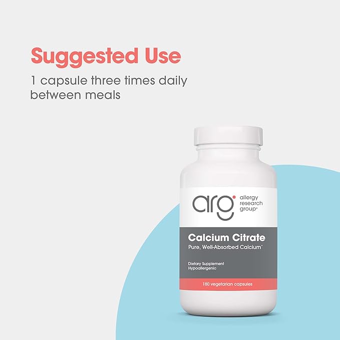 Allergy Research Group Calcium Citrate - Pure Calcium, Bone Strength, Well-Absorbed, Without Vitamin D, Calcium Only, 150mg Supplement, Vegetarian Capsules - 180 Count