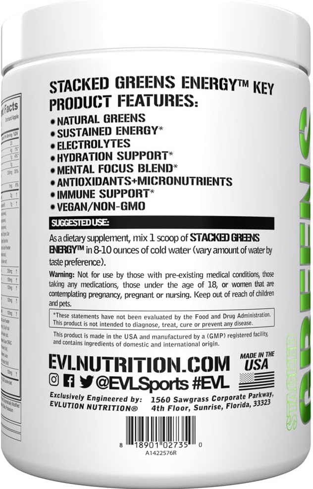 Evlution Greens and Superfoods Energy Drink Powder - EVL Super Greens Powder Smoothie Mix with Caffeine Spirulina Chlorella and Wheat Grass - Vegan - for Energy Focus and Immunity