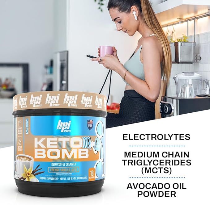 BPI Sports Keto Bomb - Promotes Energy, Hydration and Fat Loss - MCT and Electrolytes - Sugar-Free with Calcium - French Vanilla Latte, 18 Servings