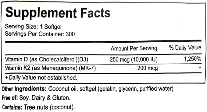 New VitalBoost D3 K2, Vital Boost Vitamin D3 K2 Supplement Softgels, D3 K2 Vitamin 10000 Iu 300 Softgels/Pack