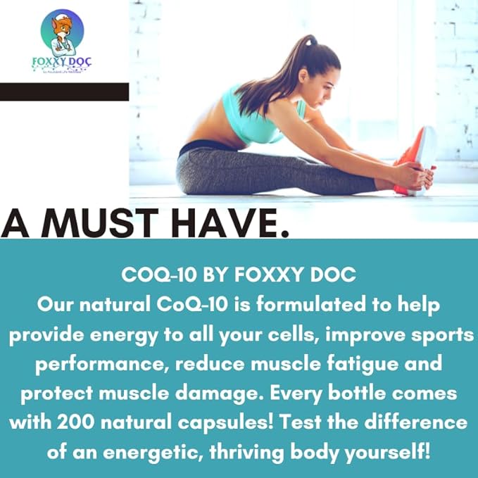 CoQ10 - Co-Enzyme Q10-200 mg - Excellent Value - 200 Caps - Quick Absorption - Veg. Caps - Non-GMO - Ubiquinone - Heart & Cellular Energy & Brain Supplement by Foxxy Doc