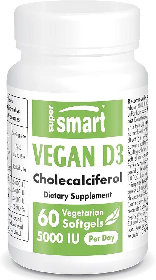 Supersmart - Vegan Vitamin D3 Supplement 5000 IU - 100% Plant Based Cholecalciferol - Sourced from GMO-Free & Pesticide-Free Algae | Non-GMO & Gluten Free - 60 Softgels