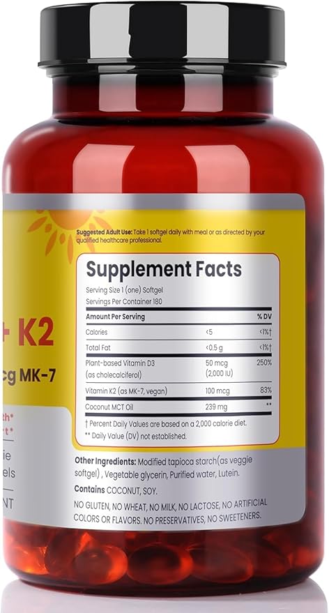 180 Days Vegan Vitamin D3+K2 Softgel with Coconut MCT Oil | 2000IU Plant Source Vitamin D3 + 100 mcg Vitamin K2 MK-7 | for Bone, Muscel, Immune, Teeth & Heart Health | 100% Vegan no-Gelatin