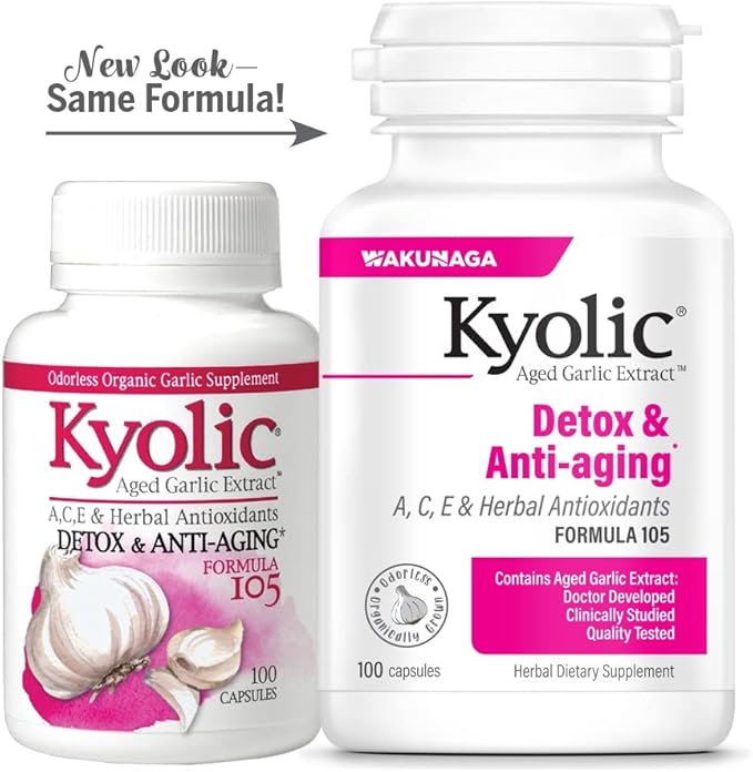 Kyolic Aged Garlic Extract Formula 105, Detox and Anti-Aging, 100 Capsules (Packaging May Vary)