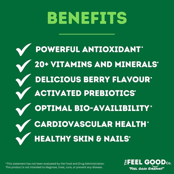 The Feel Good Super Greens Powder - Organic Green Juice, Wheat Grass No Added Sugar, Spirulina, Chlorella, Probiotics, Digestive Enzyme, Antioxidant Rich, Immunity Boost Green Superfood, 35 SVG, Daily