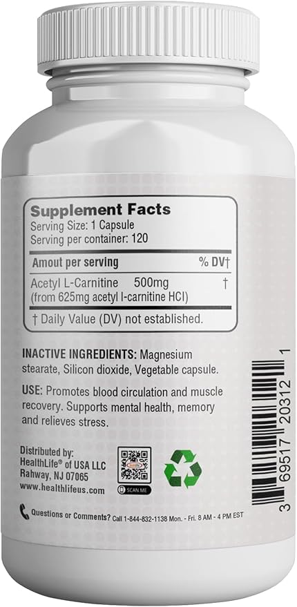 HEALTH LFE HealthLife Acetyl L-Carnitine 500mg, 120 Capsules, Non-GMO, Made in USA, 4 Month Supply