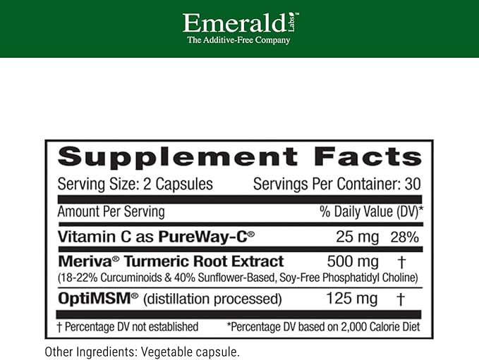 Emerald Labs Meriva Turmeric Plus - Meriva Turmeric, PureWay-C Vitamin C & OptiMSM - Supports Joint Health & Immune Response - 60 Vegetable Capsules (Up to 60-Day Supply)