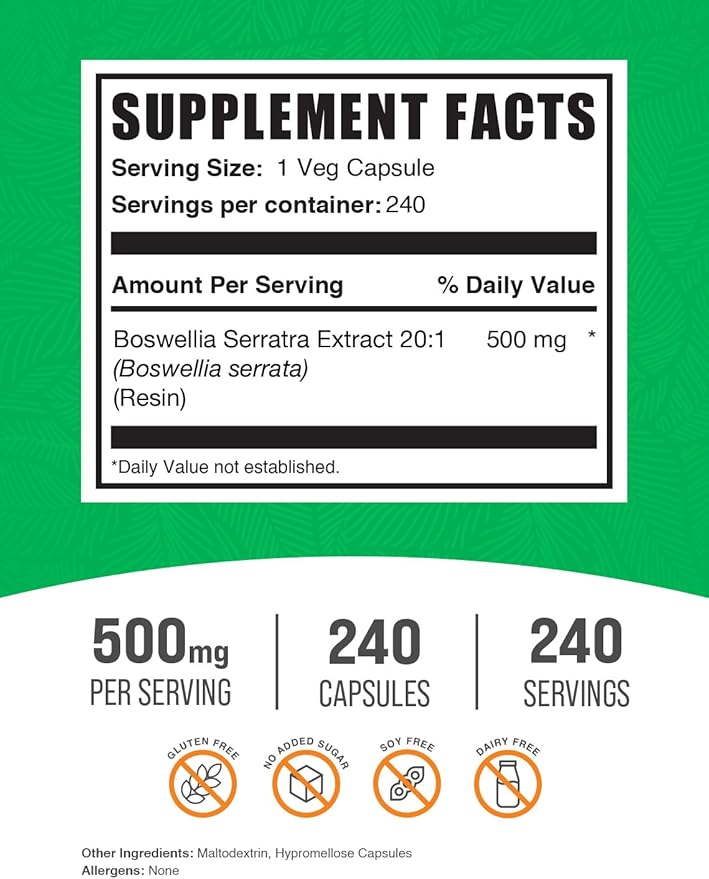 BulkSupplements.com Boswellia Serrata Extract Capsules - Boswellia Serrata Capsules - Boswellia Serrata Supplement, Gluten Free, 1 Capsule per Serving, 240 Veg Capsules (Pack of 1)