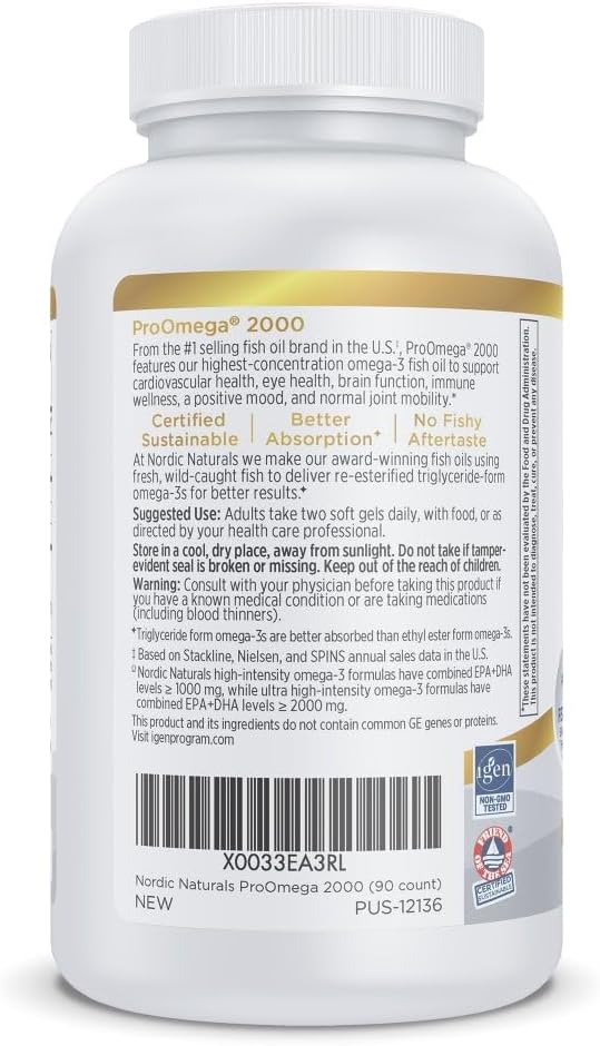 Nordic Naturals ProOmega 2000, Lemon Flavor - 90 Soft Gels - 2150 mg Omega-3 - Ultra High-Potency Fish Oil - EPA & DHA - Promotes Brain, Eye, Heart, & Immune Health - Non-GMO - 45 Servings