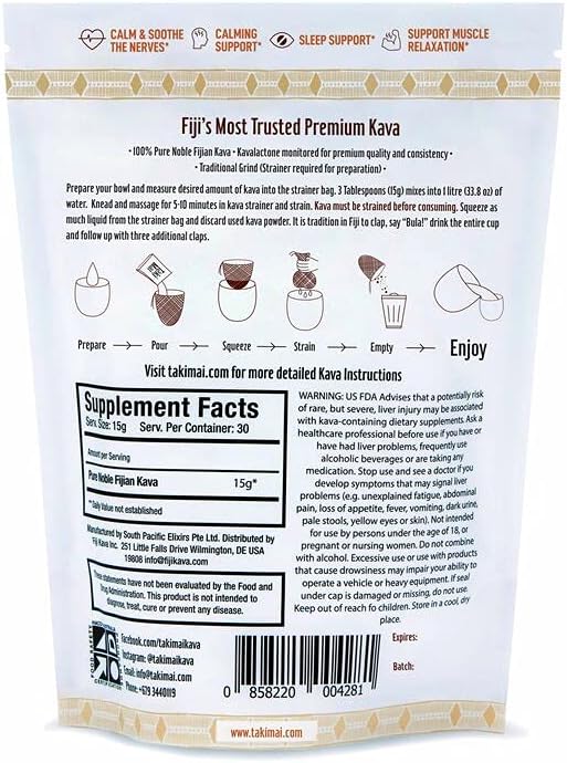 Taki Mai Traditional Kava Kava Powder 16oz – Premium Kava Root Powder with High Kavalactone Content for Relaxation, Stress Relief, Calmness and Sleep Support