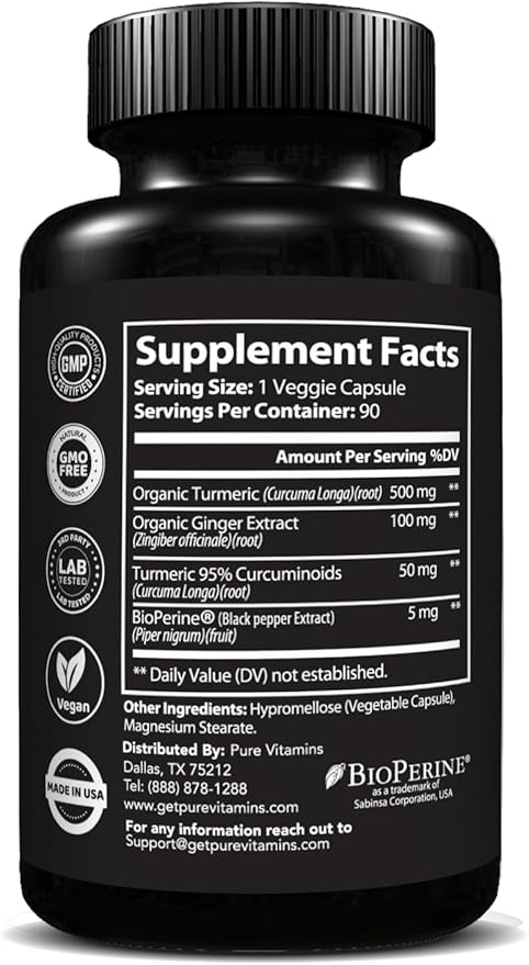 Turmeric and Ginger Supplements - 90 Vegetarian Capsules | Digestive Health & Joint Support Supplement | Organic Turmeric Curcumin Supplement with Black Pepper Extract