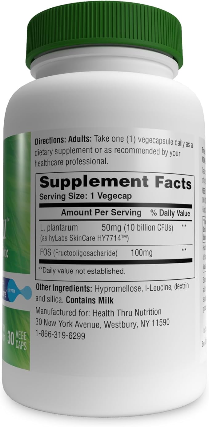 Health Thru Nutrition Skineu - Skin Probiotic + Prebiotic | Supports Skin Hydration & Elasticity | Clinically Studied Ingredients |3rd Party Tested, Non-GMO & Gluten-Free | 30 VegeCapsules