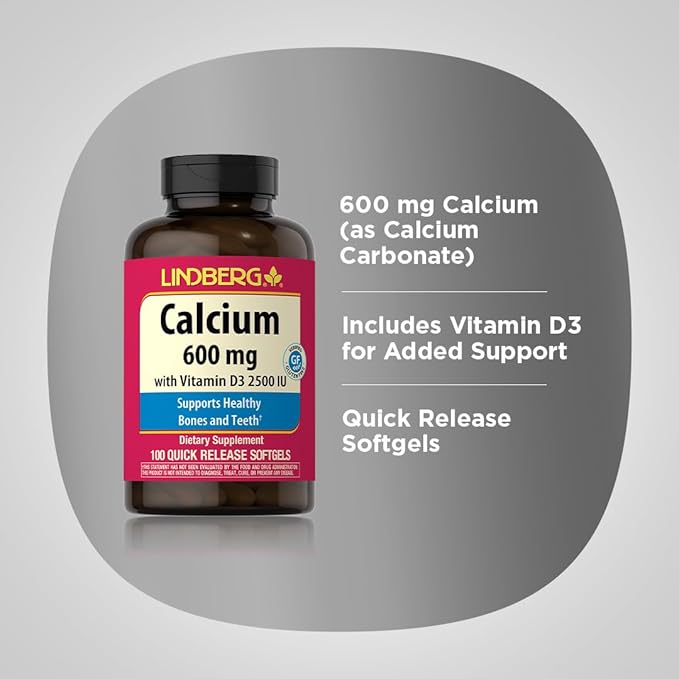 Lindberg Calcium Supplement | 600 mg | 100 Softgels | with Vitamin D3 2500 IU | for Women & Men | Quick Release Pills | Non-GMO, Gluten Free