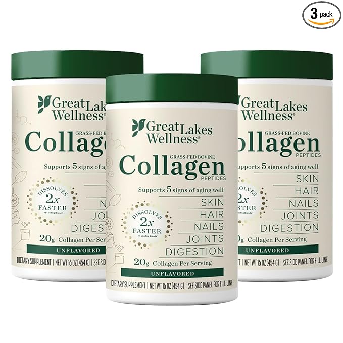 Great Lakes Wellness Collagen Peptides Powder for Skin, Hair, Nails, Joints & Digestion - Unflavored - Quick Dissolve Hydrolyzed, Non-GMO, Keto, Kosher - 16 oz - 3 Pack
