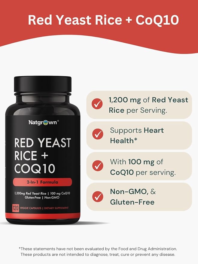 Natgrown Red Yeast Rice with CoQ10 Supplement – 1200 mg Red Yeast Rice Extract + 100 mg Coenzyme Q10 – Heart & Circulatory Support – Vegan, Non-GMO – 120 Capsules