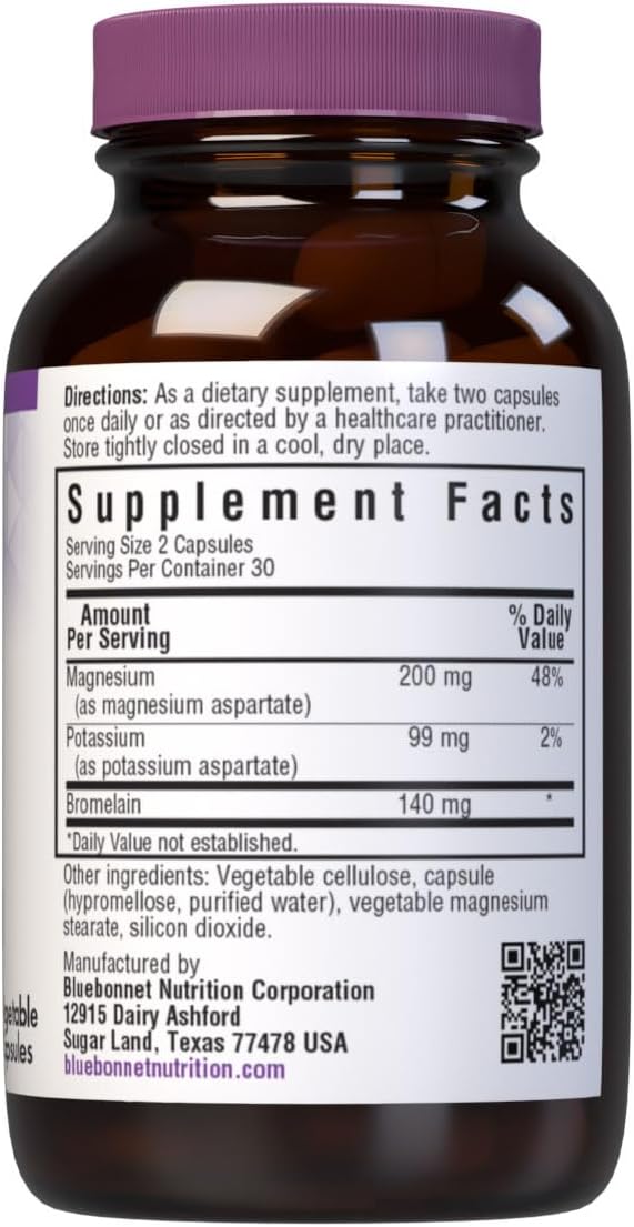 BlueBonnet Magnesium Potassium Plus Bromelain Vegetarian Capsules, 60 Count