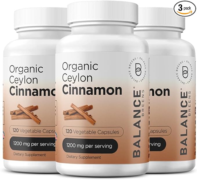 Balancebreens Certified Organic Ceylon Cinnamon 1200mg Supplement - 120 Veg Capsules - Heart, Brain and Joint Function Support - No Filler Pills (Pack of 3)