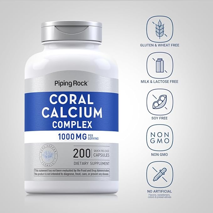 Piping Rock Coral Calcium 1000 mg | 200 Capsules | Bone Formula Complex with Vitamin D, C, and Magnesium | Non-GMO, Gluten Free Supplement