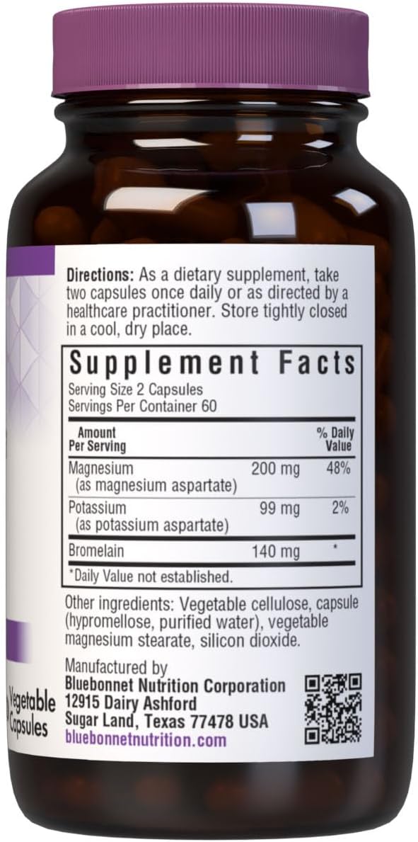 BlueBonnet Magnesium Potassium Plus Bromelain Vegetarian Capsules, White, Unflavored, 120 Count