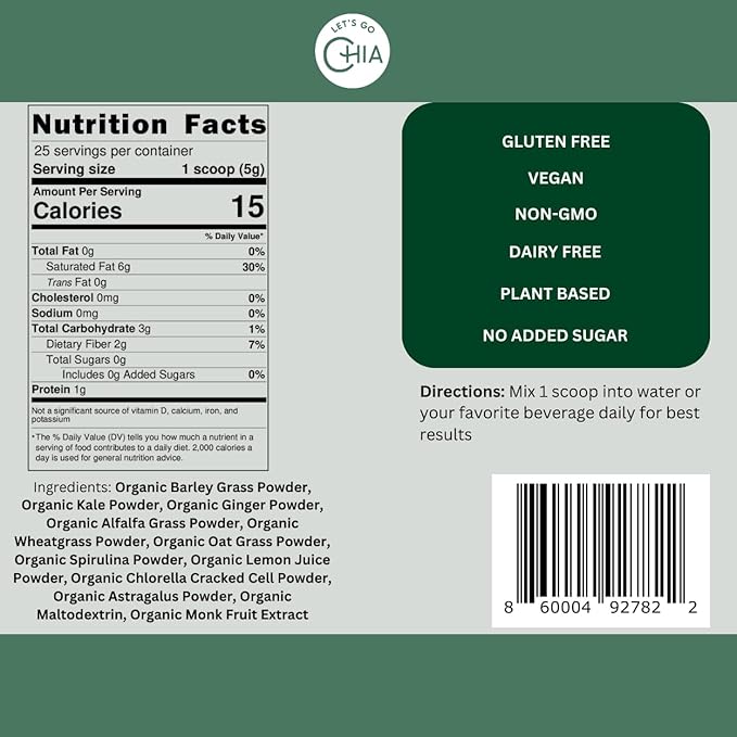 Let's Go Chia Ginger & Greens Alkalizing Blend, Organic Superfood Powder with Ginger, Spirulina, Chlorella and Super Greens, Gut Health, Ginger Powder, 25 Servings