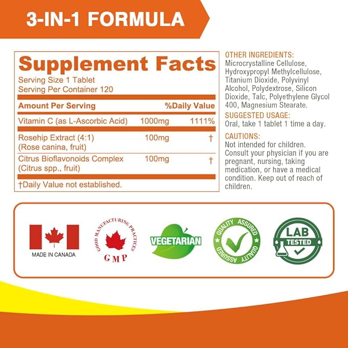 Lovita Vitamin C 1000mg with Citrus Bioflavonoids & Rosehip, Timed Release Coating, High Potency 3-in-1 Formula, Immune Support, 120 Vegan Tablets