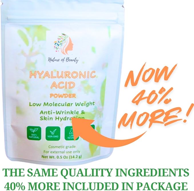 Anti-Wrinkle Hyaluronic Acid Powder Low Molecular Weight (LMW, <15 kDA) Cosmetic Grade Hyaluronic Powder, For Serum or Lotion For Face and Skin, 100% Natural, USA Made, 0.5 Oz (14.2g)