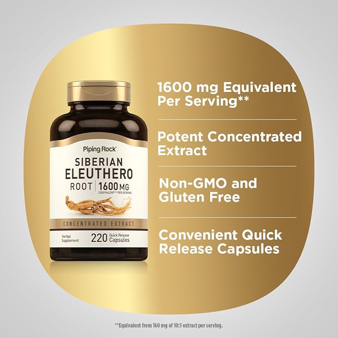 Piping Rock Siberian Eleuthero Root Capsules 1600mg | 220 Count | Concentrated Herbal Extract | Non-GMO, Gluten Free Supplement