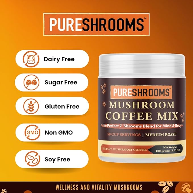 Perfect 7 Mushroom Coffee - Ultra Concentrated Mushroom Extracts with Low Acidity Arabica Coffee -Turkey Tail, Lion's Mane, Cordyceps, Reishi, Shiitake, Maitake, Chaga (100 Grams/3.53oz)