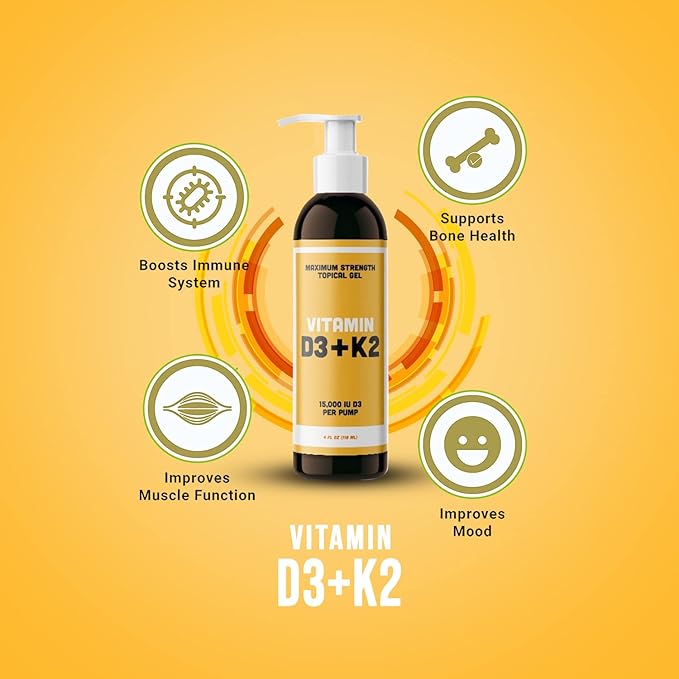 Vitamin D3 K2 Maximum Strength Topical Gel - 15000+ IU Per Pump - The Sunshine Vitamin - Supports Bone & Joint Health, Immune Support - One Month Supply