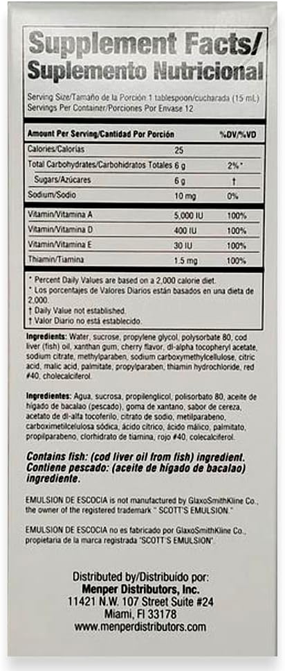 Emulsion de Escocia Cod Liver Oil Dietary Supplement. Rich in Vitamins A, D, E and B1. Cherry Flavoured. 6.5 Fl Oz / 192 mL. Pack of 3