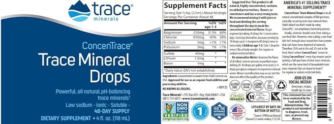 Trace Minerals ConcenTrace Trace Mineral Drops - Liquid Supplement for Bone & Joint Support - Aids Hydration & Electrolyte Restoration - Unflavored, 4 fl oz (48 Servings)