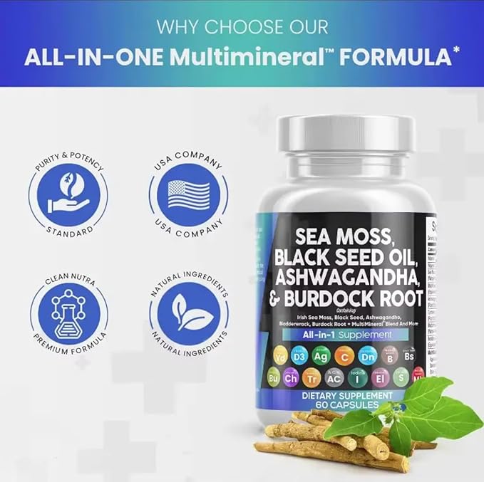 Sea Moss, Black Seed Oil, Ashwagandha, Burdock Root Supplement, 60 Capsules