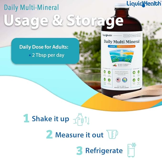 LIQUIDHEALTH Daily Multi Mineral Liquid Supplement with Fulvic Acid, Plant Based Ionic Aquamin Sea Trace Ocean Minerals - Immune Support, Energy, Gut Health, Detox - Made in USA, Vegetarian (32 oz)