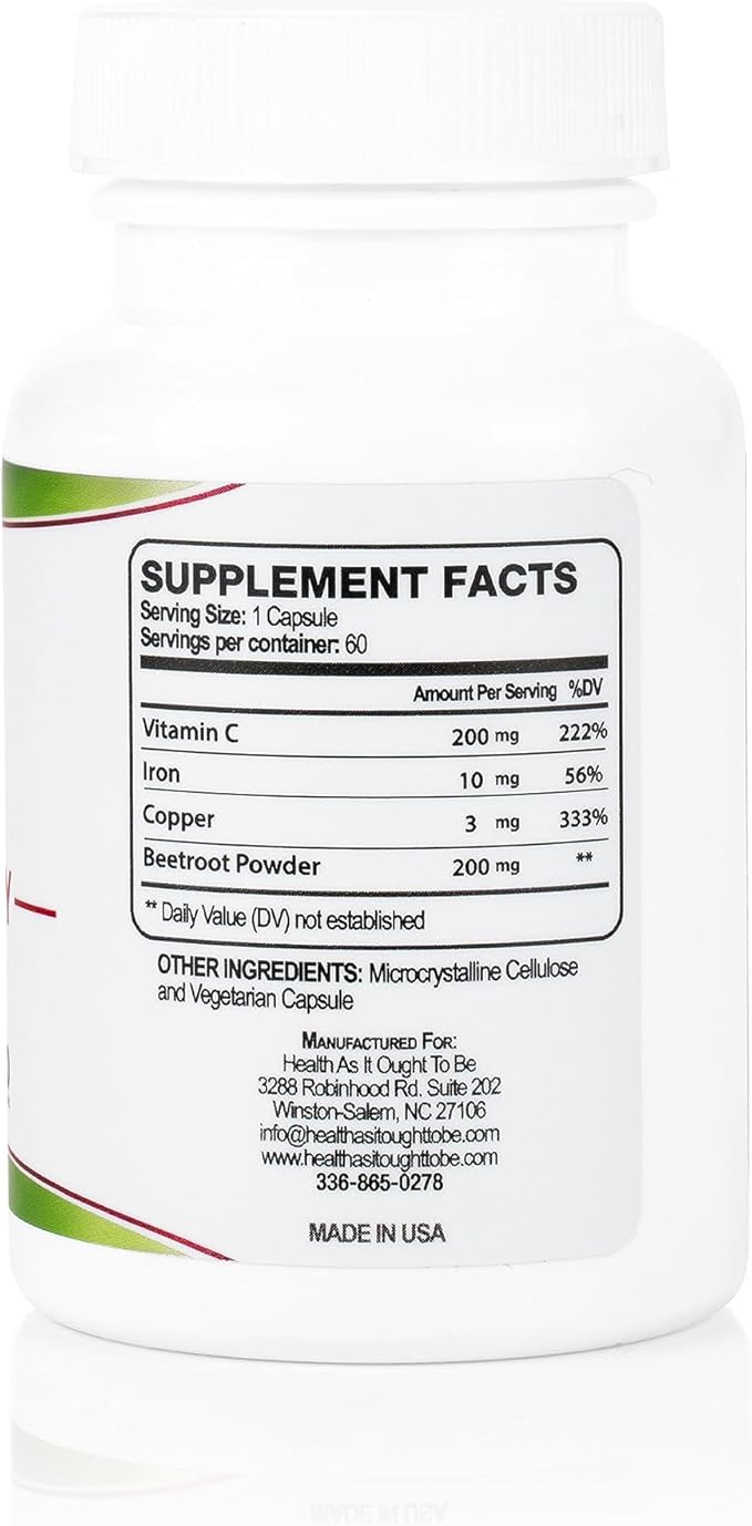Health As It Ought To Be Iron Syn3rgy Supplement | Physician Formulated Capsules with Iron, Copper, Beet Root, Vitamin C | 60 Capsules