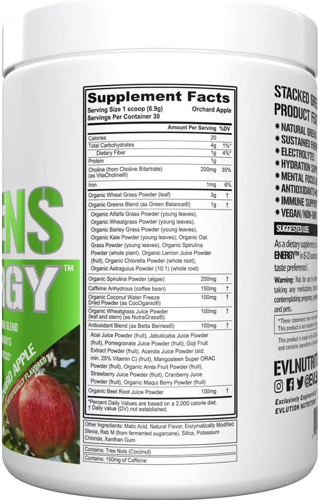 Evlution Greens and Superfoods Energy Drink Powder - EVL Super Greens Powder Smoothie Mix with Caffeine Spirulina Chlorella and Wheat Grass - Vegan - for Energy Focus and Immunity