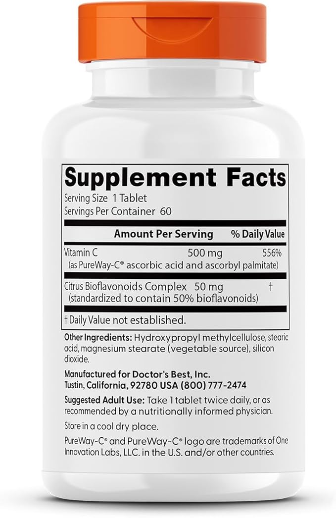 Doctors Best High Absorption Vitamin C with PureWay-C, Sustained Release for All Day Immune Support, Non-GMO, Gluten Free, Soy Free, Vegan 60 Tablets