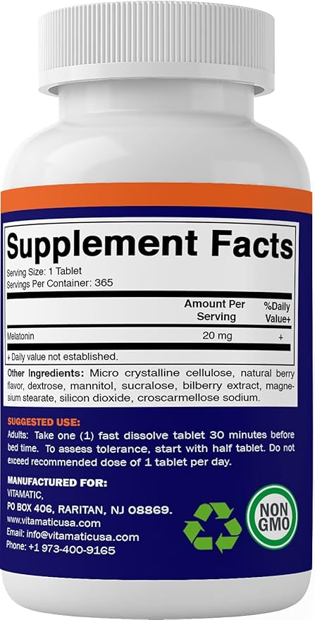 Vitamatic Melatonin 20 mg Tablets | Vegetarian, Non-GMO, Gluten Free | 1 Year Supply | Natural Berry Flavor - 365 Tablets