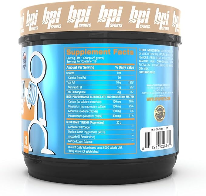 BPI Sports Keto Bomb - Promotes Energy, Hydration and Fat Loss - MCT and Electrolytes - Sugar-Free with Calcium - French Vanilla Latte, 18 Servings