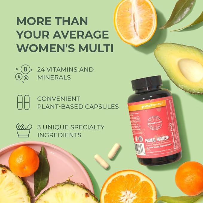 Primal Harvest Women+, Woman's Multivitamin Vitamin A, Vitamin C, Vitamin D and E, Vitamin B12, B6, Biotin, Zinc Supplements,1 Pack 60 Capsules