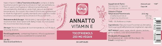 Annatto Tocotrienols Vegan Vitamin E Supplement, Tocopherol Free, Eannatto Capsules Without PAH's and contaminants - Improved from Deltagold - 200mg - Non-GMO & Antioxidant (30)
