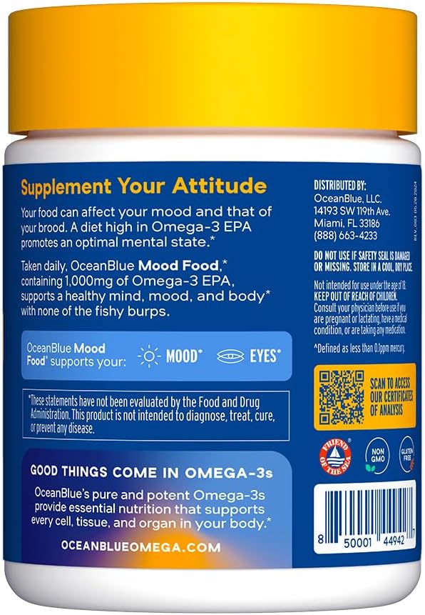Oceanblue Essentials Mood Food Omega 3 - Triple Strength Burpless Fish Oil - High Potency 1000 MG EPA for Mood & Heart Support - Mini Softgels - Non-GMO - 60ct -1 Month Supply