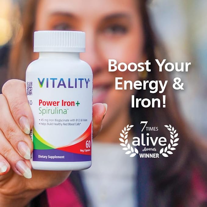 VITALITY Power Iron + Spirulina | 45mg Iron | Blood Builder | Iron Deficiency Support | Vegan | All Natural Supplement | Gentle on Stomach | Capsules… (60 Count (Pack of 1))