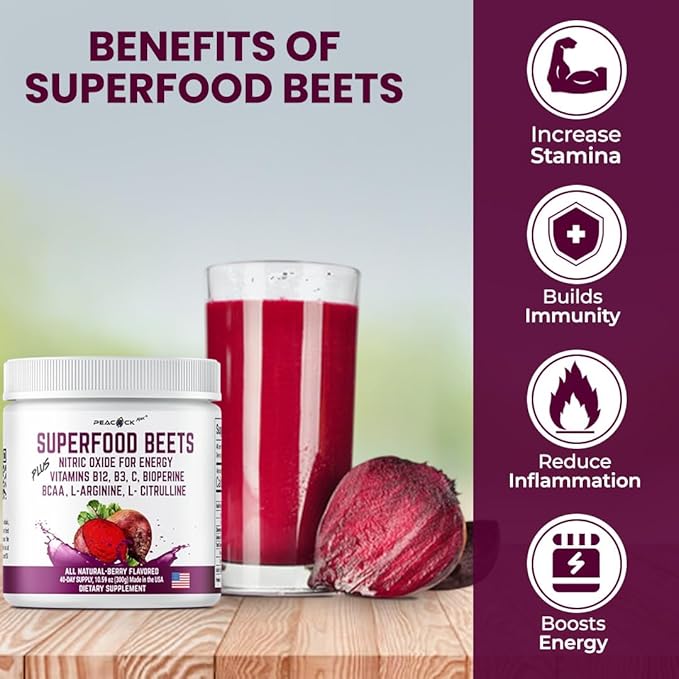 Beet Root Powder, 10.59 oz Pack of 3 - Berry Flavor Nitric Oxide Booster Superfood with Green Tea Extract, BCAA, L-Arginine, L-Citrulline for Heart Health & Circulation Support, Non-GMO