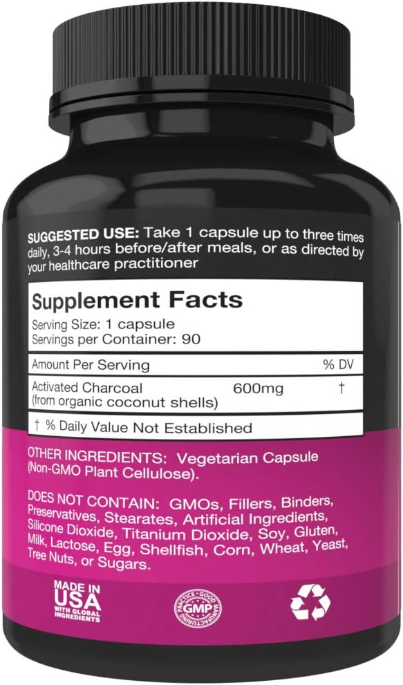Pure Organic Activated Charcoal Capsules - 600mg per Capsule, 90 Vegetarian Capsules