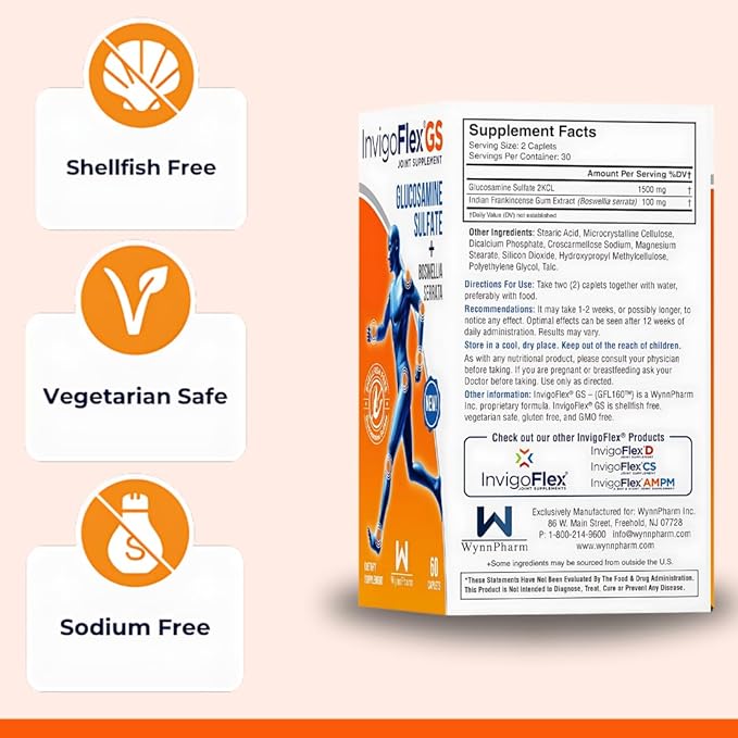 INVIGOFLEX® GS - Glucosamine Sulfate (Shellfish Free, Sodium Free & Vegetarian Safe) Non GMO, Gluten Free - with Boswellia Serrata - Knees, Hands, Back, and Hip Premium Joint Supplement